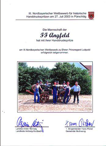 Handdruckspritzenwettbewerb Urkunde FF Angfeld 2003 Handdruckspritzenwettbewerb Urkunde FF Angfeld 2003